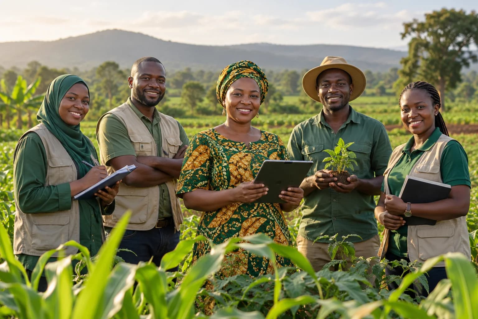 Équipe de consultants agricoles dans un champ