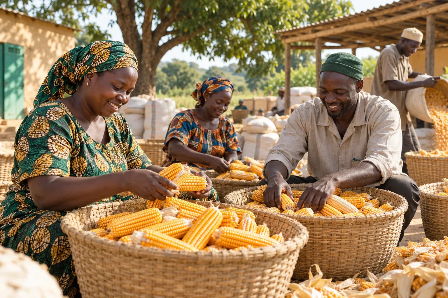Coopérative agricole triant une récolte de maïs