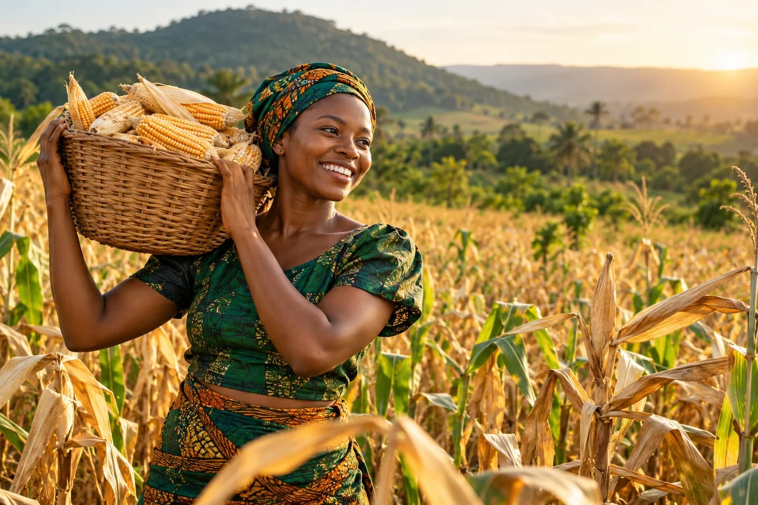 Agricultrice portant un panier de maïs récolté