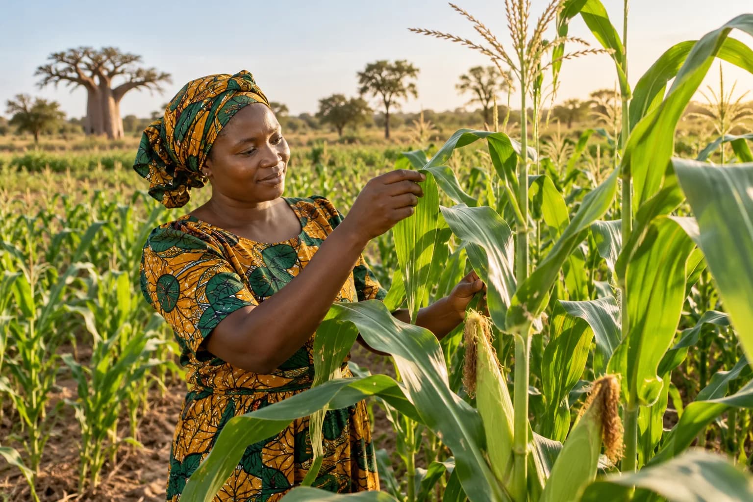 Agricultrice examinant des plants de maïs