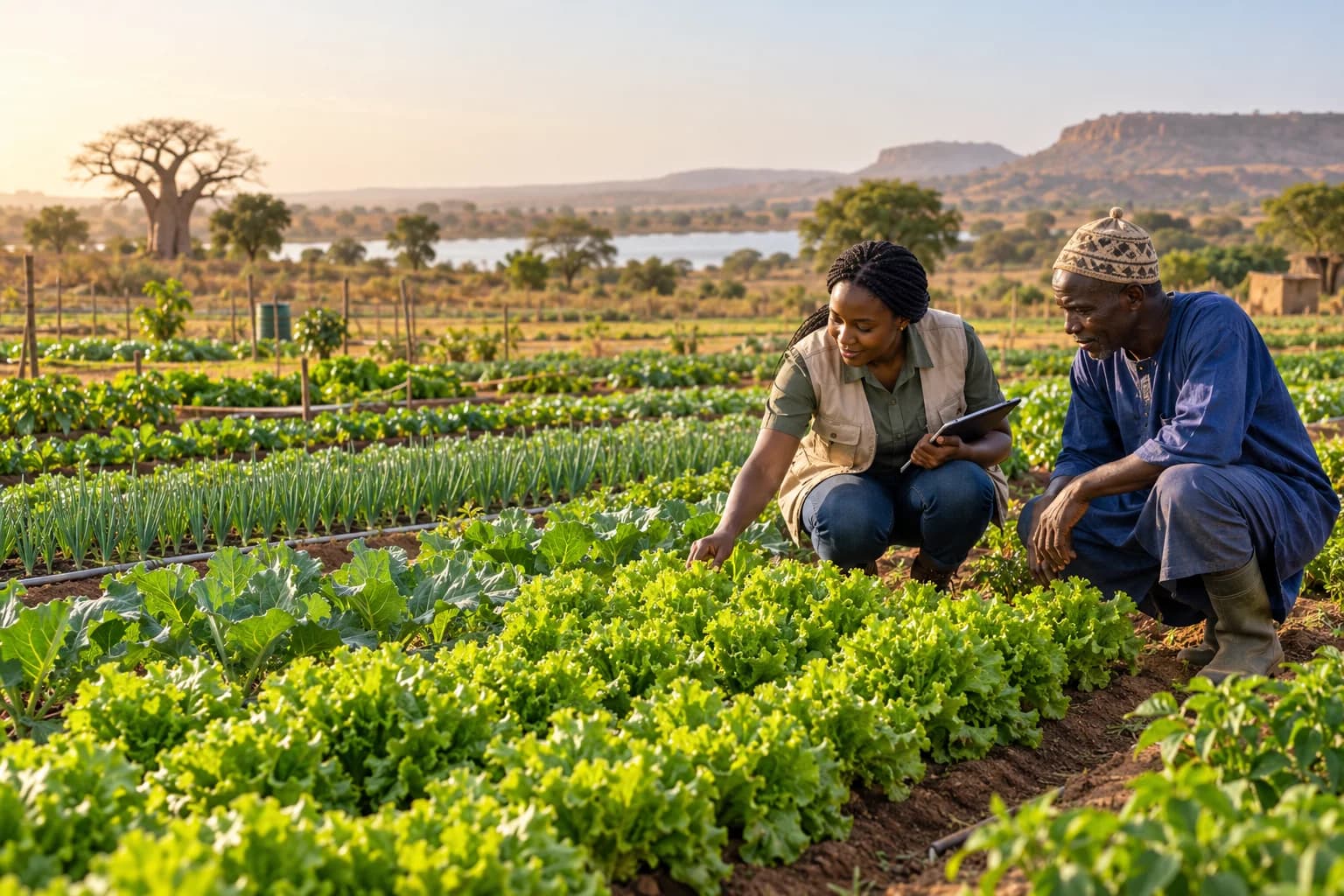 Agronome et agriculteur examinant des cultures maraîchères au Sénégal